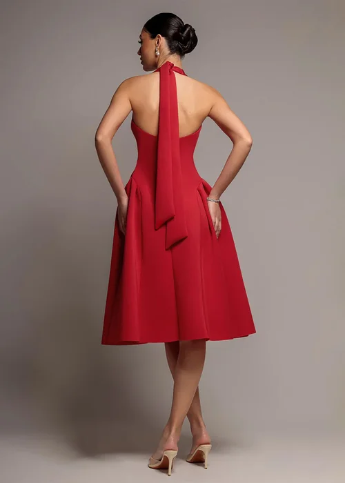 Goddiva Red Corset Fit & Flare Halter Neck Midi Dress - 12 Image 2