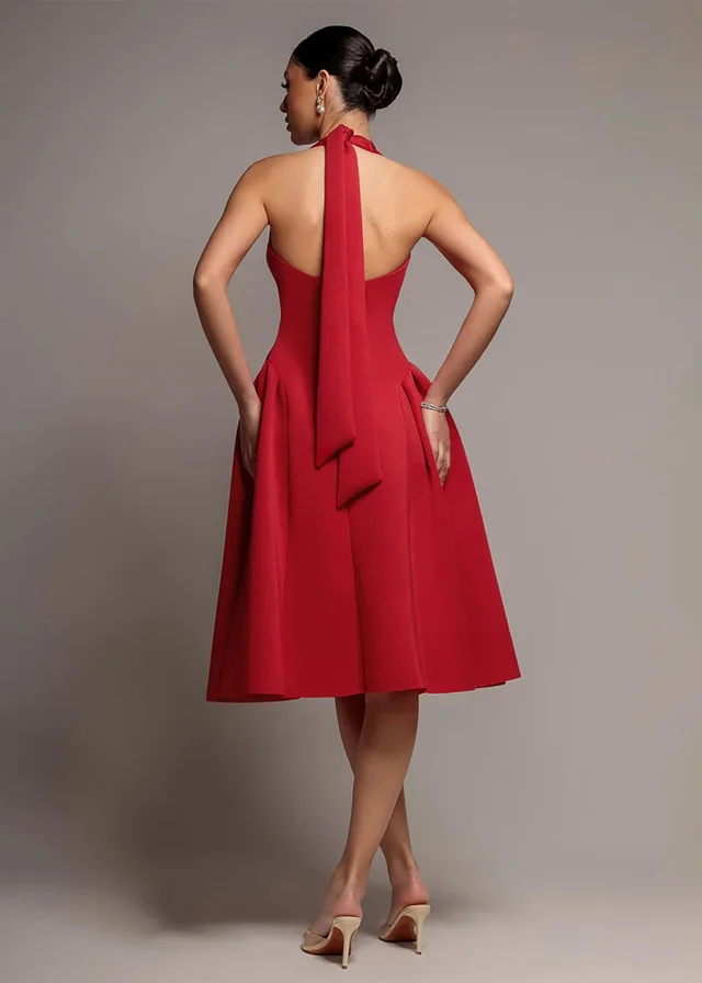 Goddiva Red Corset Fit & Flare Halter Neck Midi Dress