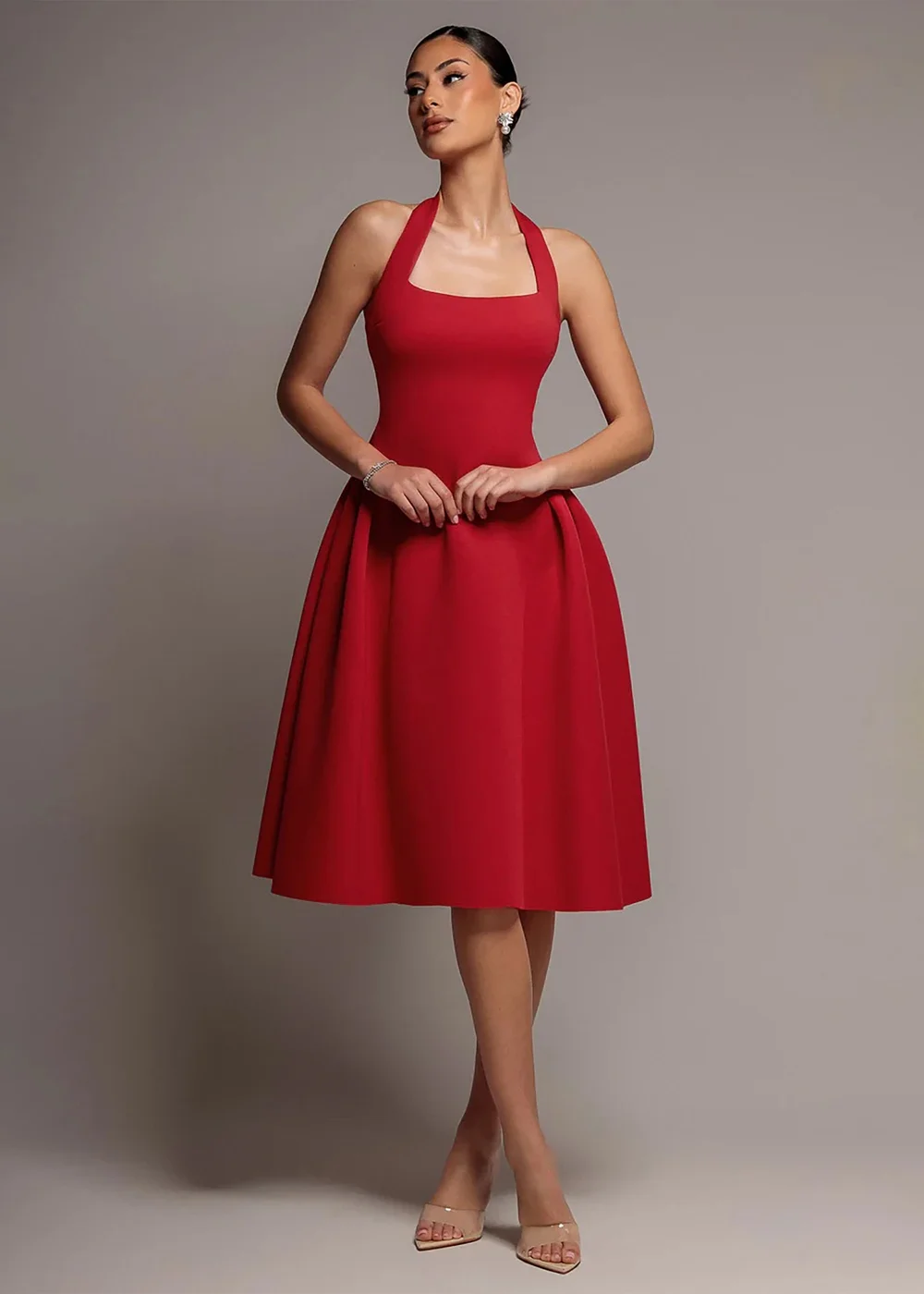 Goddiva Red Corset Fit & Flare Halter Neck Midi Dress - 12 Image 1