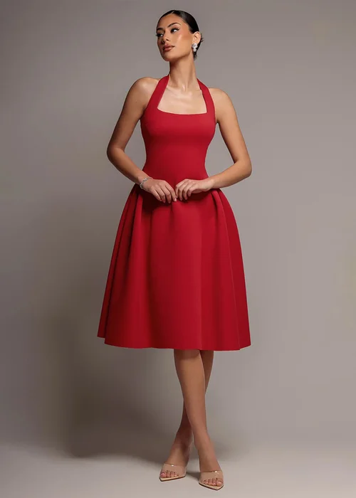 Goddiva Red Corset Fit & Flare Halter Neck Midi Dress - 12 Image 1