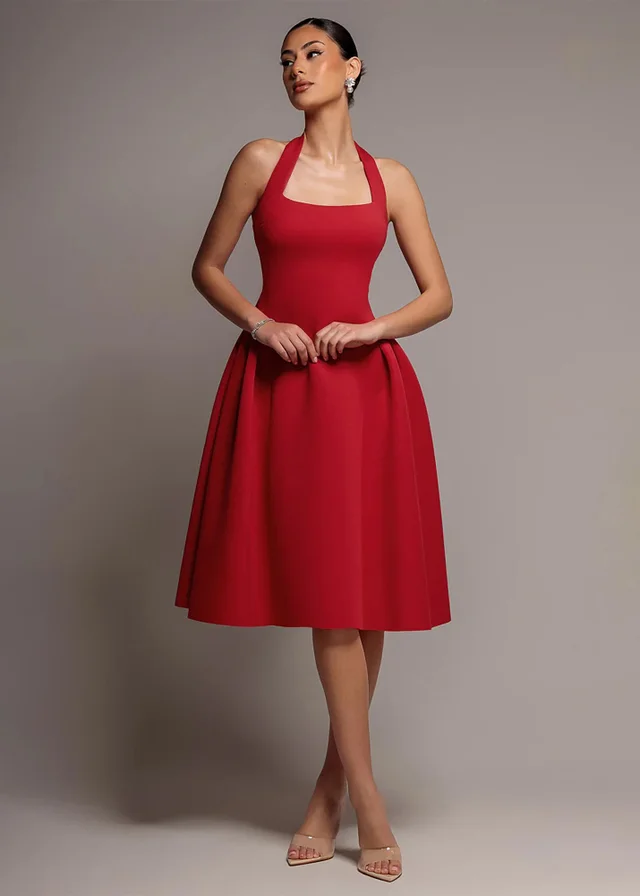 Goddiva Red Corset Fit & Flare Halter Neck Midi Dress
