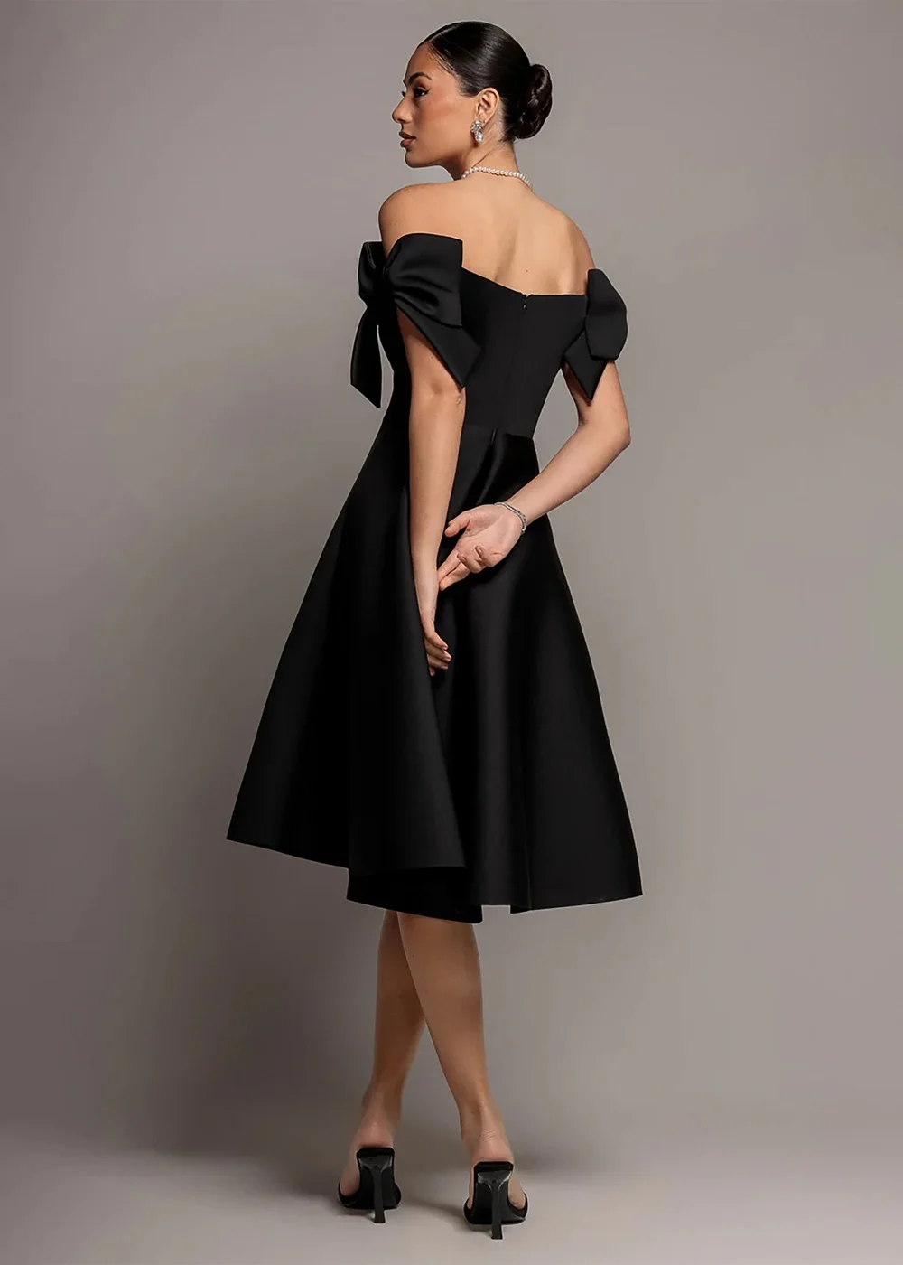 Goddiva Black Bardot Plunge Neck Bow Sleeve A Line Midi Dress - 12 Image 2