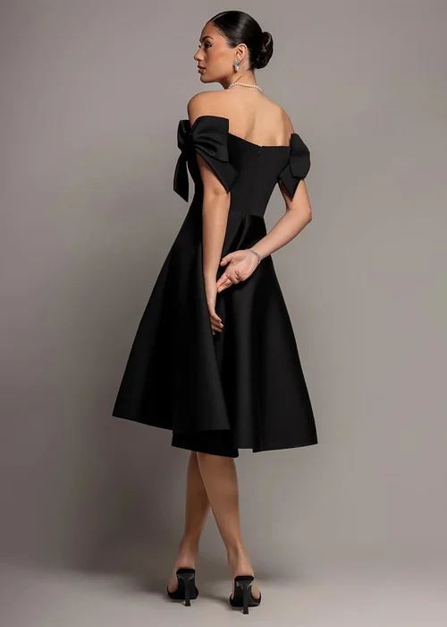 Goddiva Black Bardot Plunge Neck Bow Sleeve A Line Midi Dress - 12 Image 2