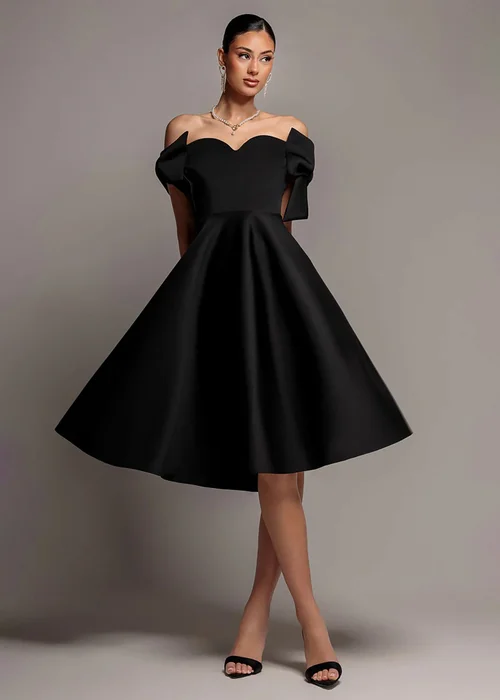 Goddiva Black Bardot Plunge Neck Bow Sleeve A Line Midi Dress - 12 Image 1