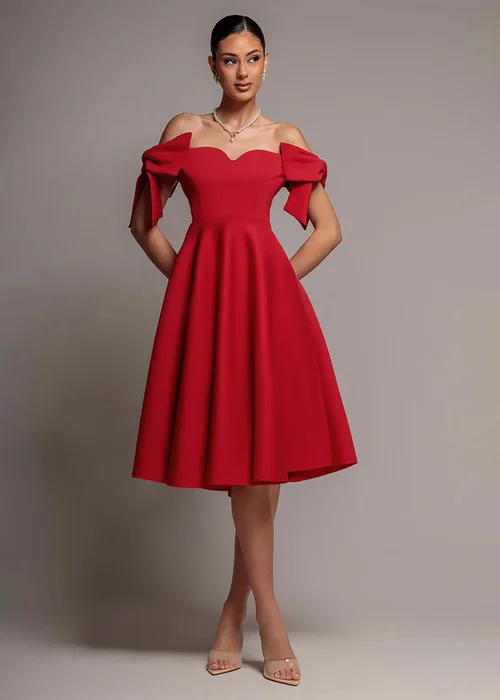 Goddiva Red Bardot Plunge Neck Bow Sleeve A Line Midi Dress - 10 Image 1