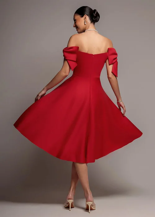 Goddiva Red Bardot Plunge Neck Bow Sleeve A Line Midi Dress - 10 Image 2