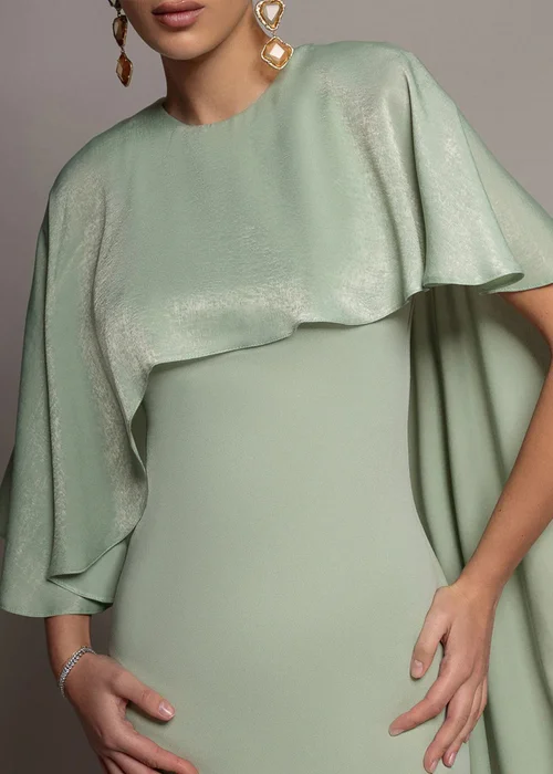 Goddiva Sage Green Scoop Neck Velvet Satin Cape Sleeve Maxi Dress - 12 Image 4