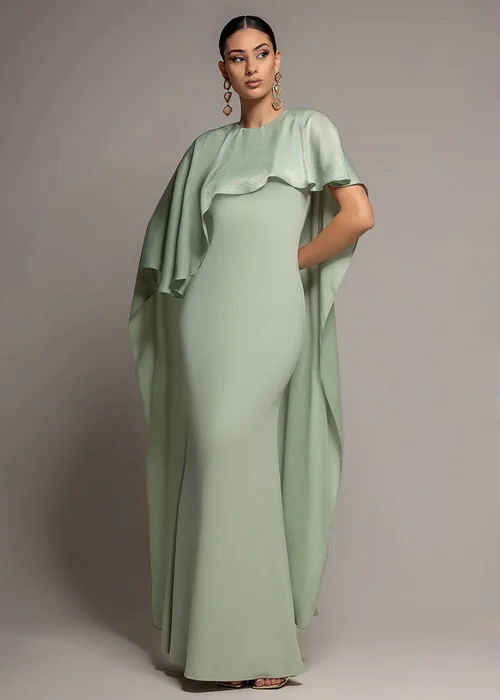 Goddiva Sage Green Scoop Neck Velvet Satin Cape Sleeve Maxi Dress - 12 Image 1