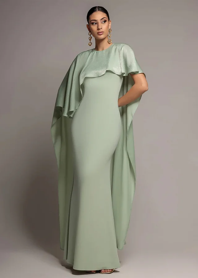 Goddiva Sage Green Scoop Neck Velvet Satin Cape Sleeve Maxi Dress