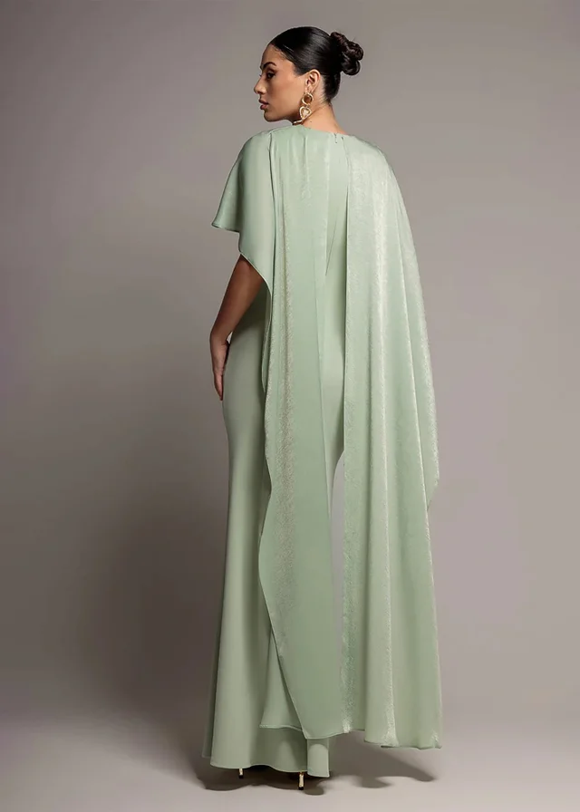 Goddiva Sage Green Scoop Neck Velvet Satin Cape Sleeve Maxi Dress