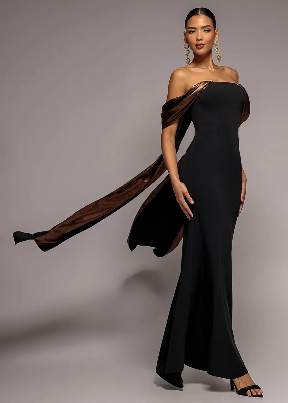 Goddiva Black Off The Shoulder Mirror Foil Angel Wing Cape Maxi Dress - 14 Image 1