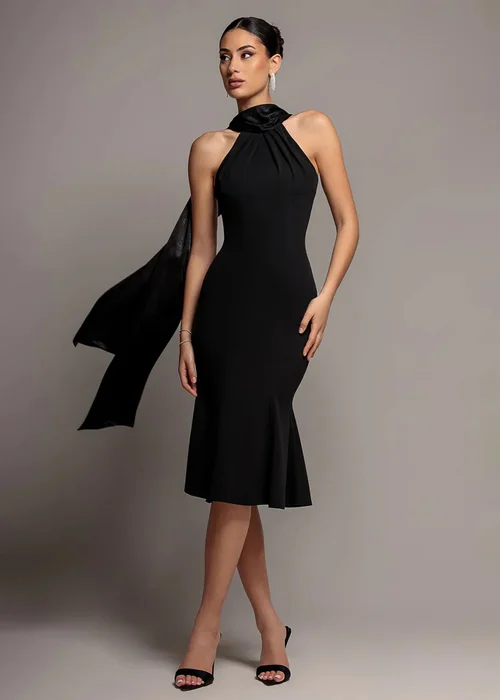 Goddiva Black Scuba & Velvet Satin Halterneck Midi Dress With Back Sash - 16 Image 1