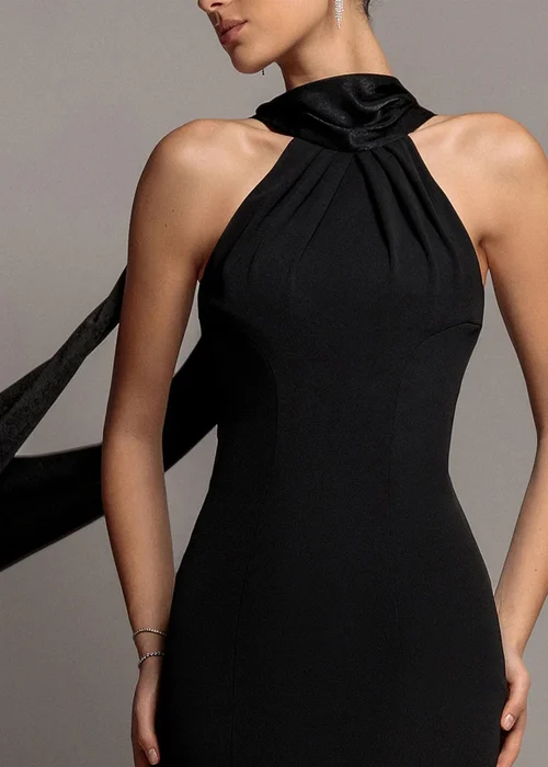 Goddiva Black Scuba & Velvet Satin Halterneck Midi Dress With Back Sash - 16 Image 4