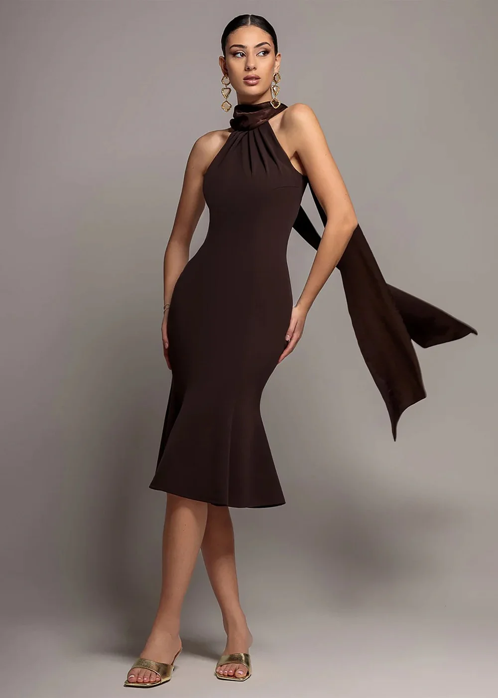 Goddiva Brown Scuba & Velvet Satin Halterneck Midi Dress With Back Sash - 12 Image 1