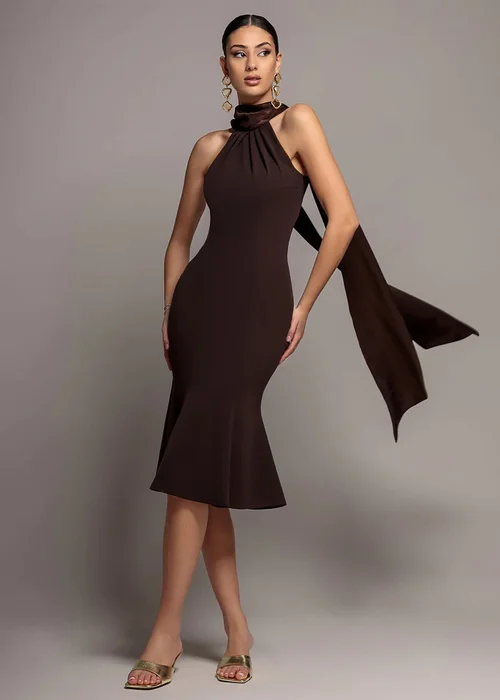 Goddiva Brown Scuba & Velvet Satin Halterneck Midi Dress With Back Sash - 12 Image 1