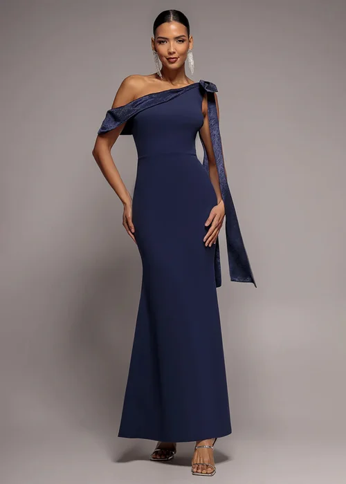 Goddiva Navy Blue One Shoulder Velvet Satin Bow Cape Maxi Dress - 14 Image 1