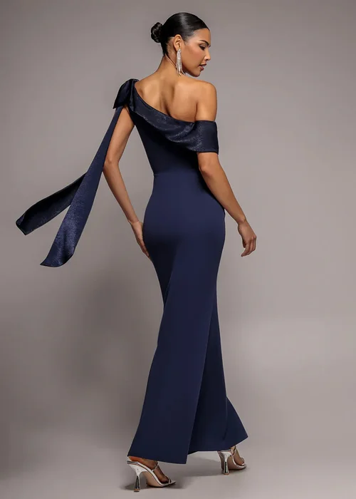 Goddiva Navy Blue One Shoulder Velvet Satin Bow Cape Maxi Dress - 14 Image 2