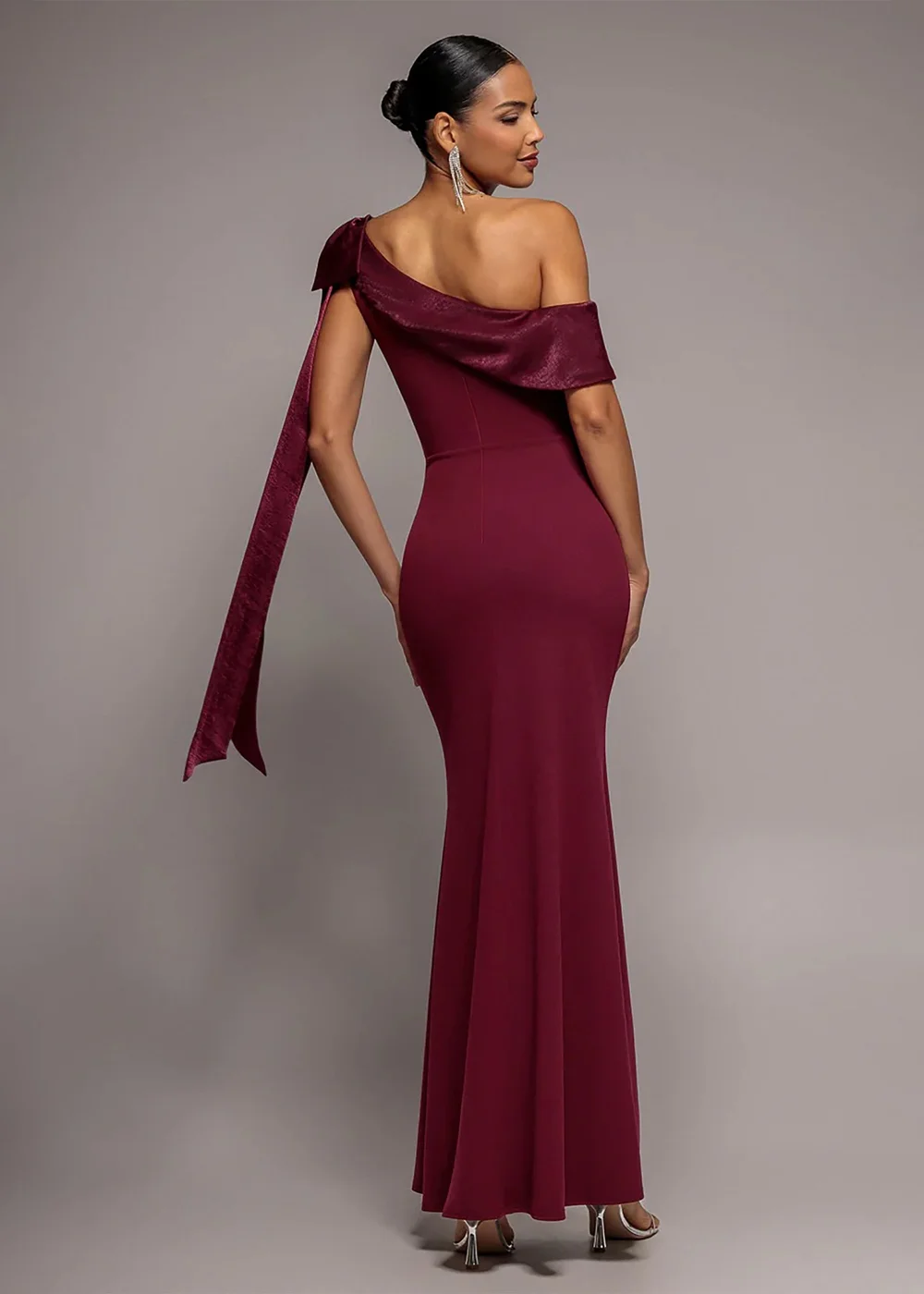 Goddiva Burgundy One Shoulder Velvet Satin Bow Cape Maxi Dress - 12 Image 2