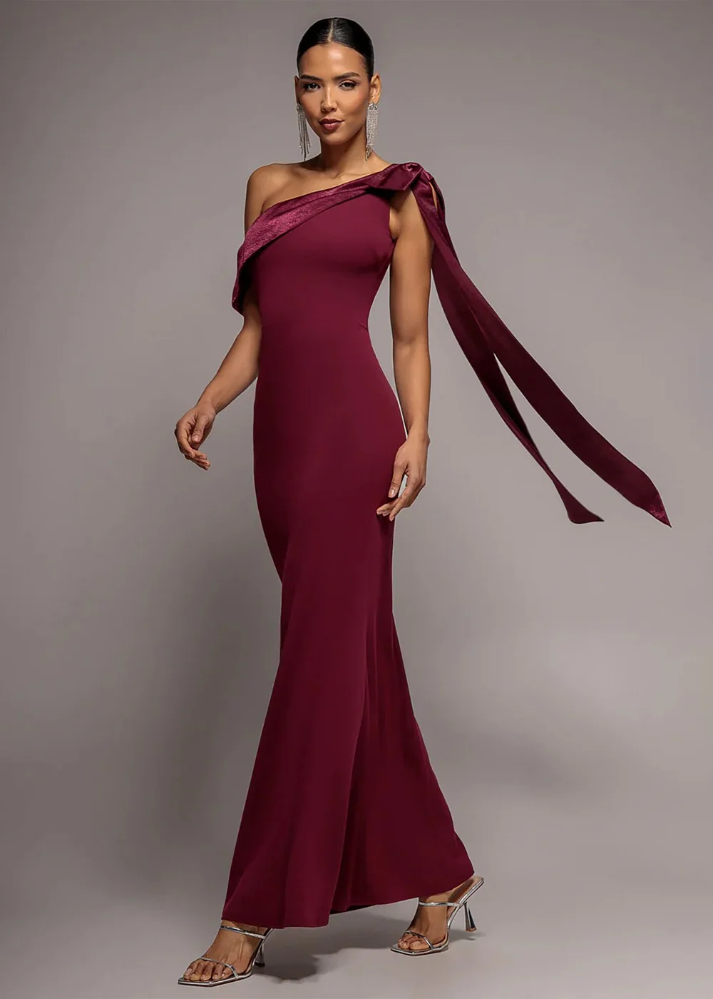 Goddiva Burgundy One Shoulder Velvet Satin Bow Cape Maxi Dress - 12 Image 1