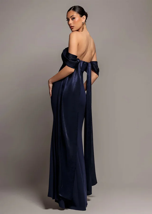 Goddiva Navy Blue Off Shoulder Velvet Satin Wing Cape Maxi Dress
