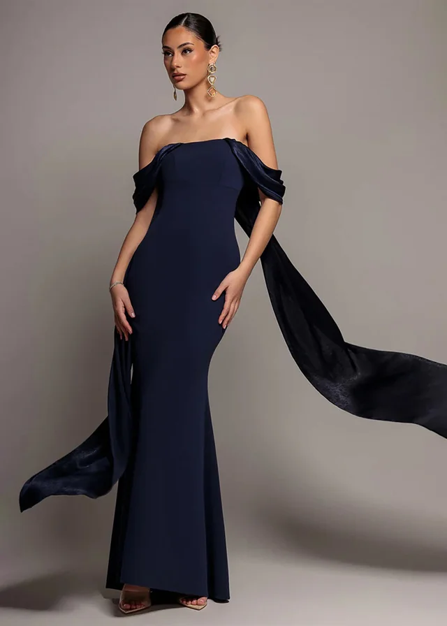Goddiva Navy Blue Off Shoulder Velvet Satin Wing Cape Maxi Dress
