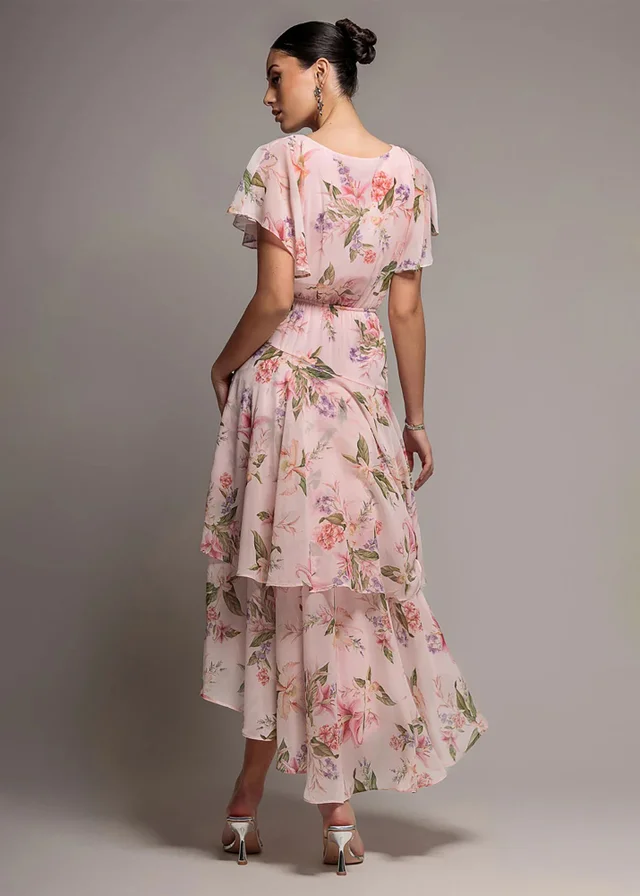 Goddiva Blush Pink Flutter Sleeve Chiffon Midaxi Wrap Dress
