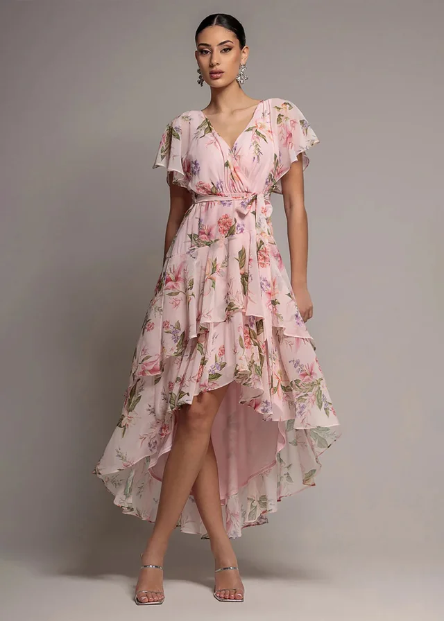 Goddiva Blush Pink Flutter Sleeve Chiffon Midaxi Wrap Dress
