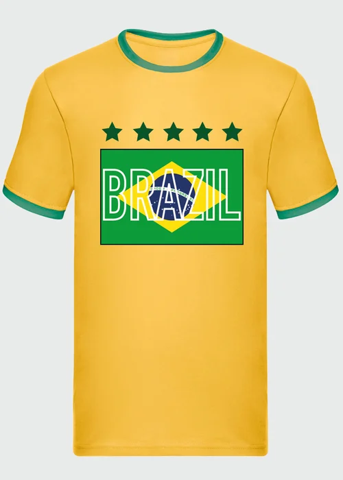 Spiral Galaxy Brazilian Flag Football Adult Yellow/Green Ringer T-Shirt - S Image 1