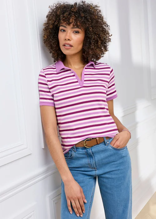 Cotton Traders Light Orchid Wrinkle Free Short Sleeve Stripe Polo - 14 Image 2