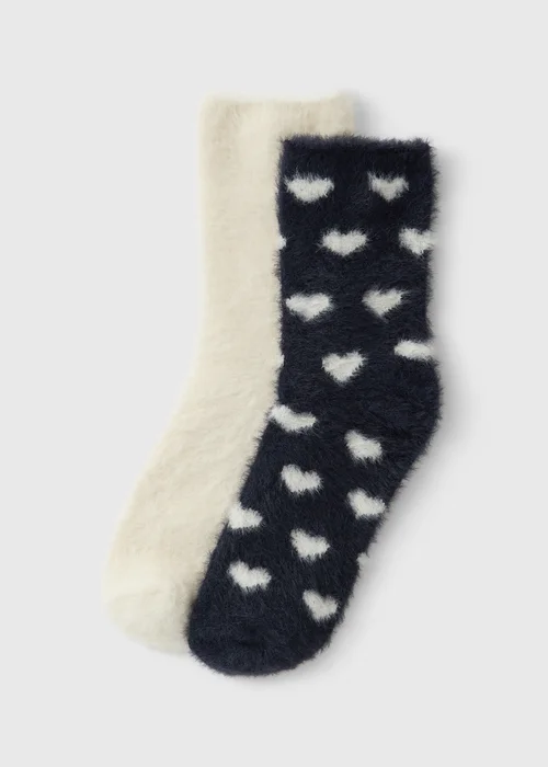 2 Pack Navy/Cream Cosy Heart Socks - One Size Image 1