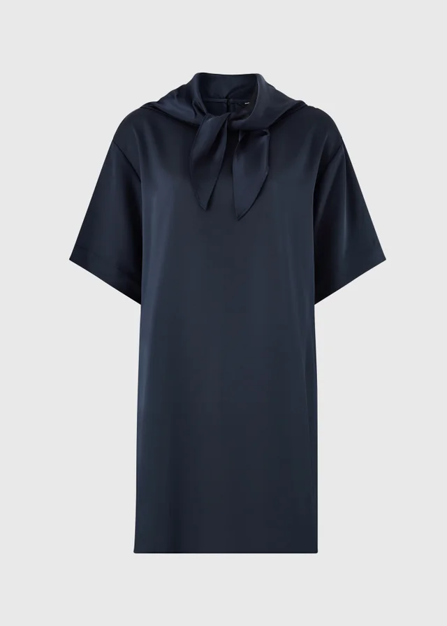 Navy Satin Scarf Neck Detail Mini Dress