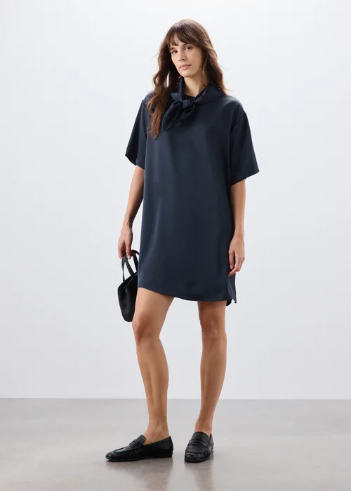 Navy Satin Scarf Neck Detail Mini Dress - Size 8 Image 1