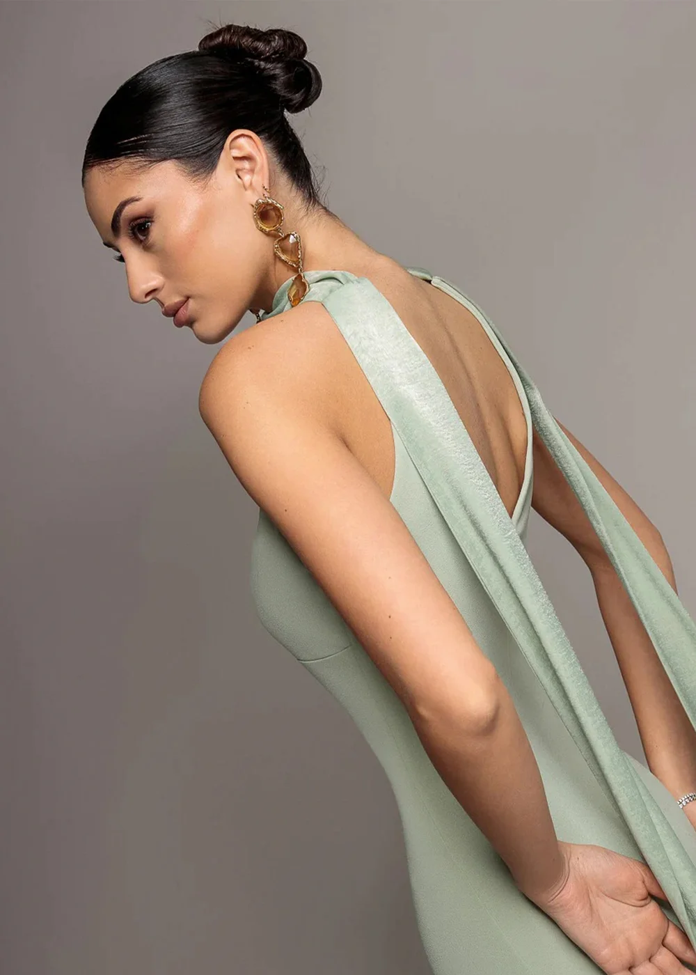 Goddiva Sage Green Scuba & Velvet Satin Halterneck Maxi Dress With Back Sash - 18 Image 4