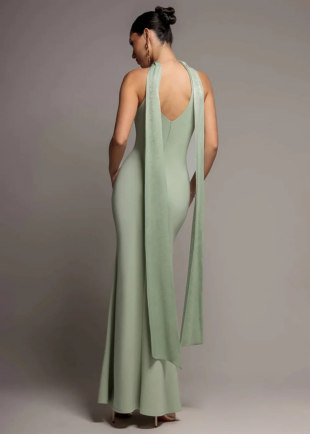 Goddiva Sage Green Scuba & Velvet Satin Halterneck Maxi Dress With Back Sash - 18 Image 2