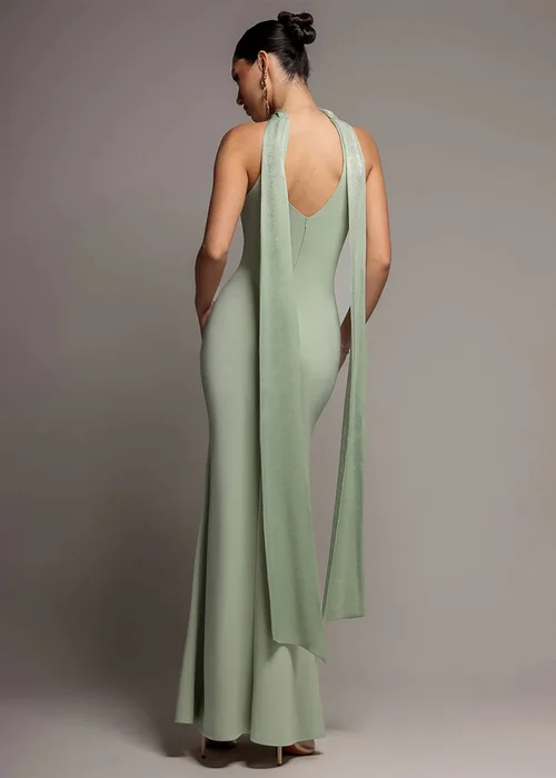 Goddiva Sage Green Scuba & Velvet Satin Halterneck Maxi Dress With Back Sash - 18 Image 2