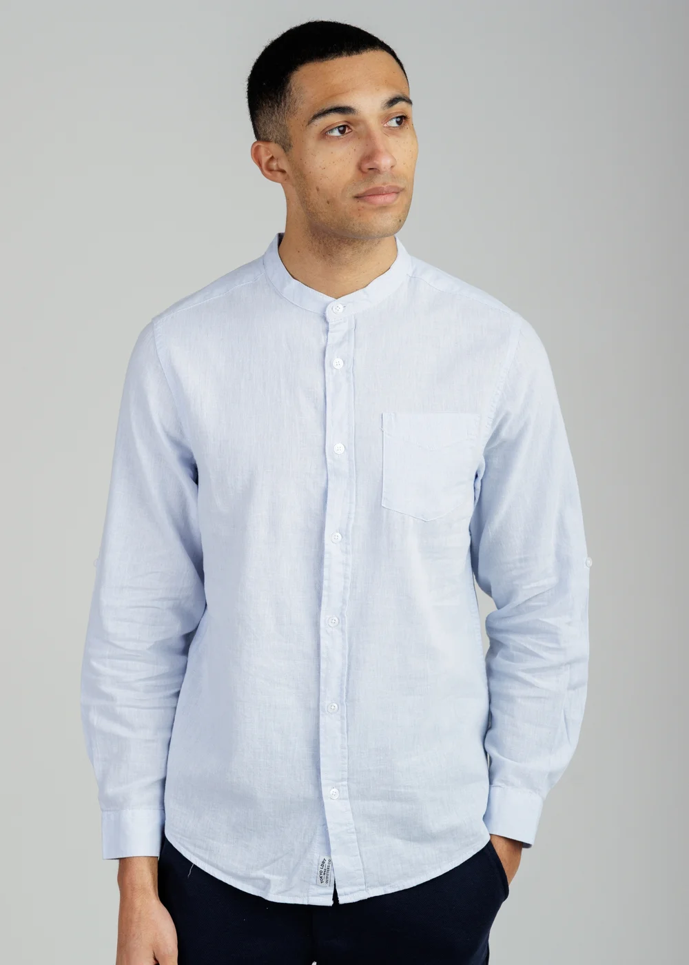 Tokyo Laundry Light Blue Linen Blend Long Sleeve Button-Up Shirt With Grandad Collar - L Image 1