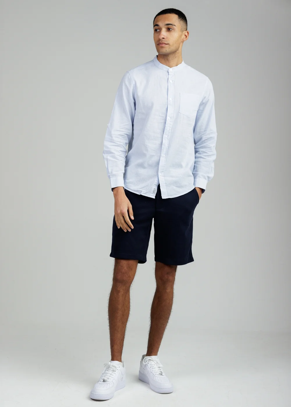 Tokyo Laundry Light Blue Linen Blend Long Sleeve Button-Up Shirt With Grandad Collar - L Image 4