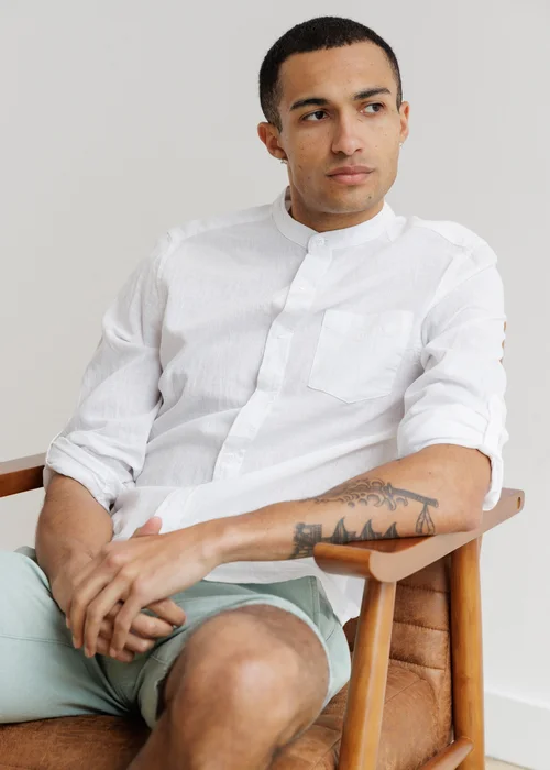 Tokyo Laundry White Linen Blend Long Sleeve Button-Up Shirt With Grandad Collar - M Image 1