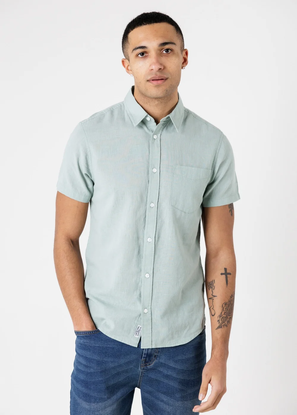 Tokyo Laundry green Linen Blend Short Sleeve Button-Up Shirt With Chest Pocket - L Image 1