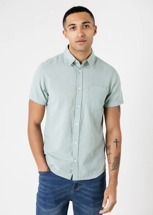 Tokyo Laundry green Linen Blend Short Sleeve Button-Up Shirt With Chest Pocket - L Image 1