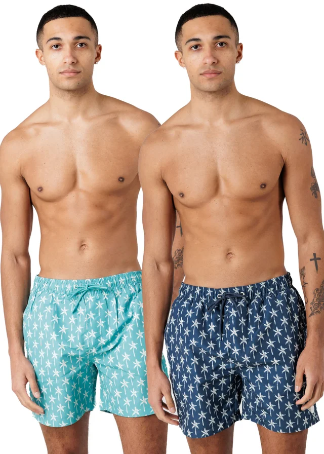 Tokyo Laundry Teal 2-Pack Palm Tree & Logo Print Swim Shorts With Drawstring Waist