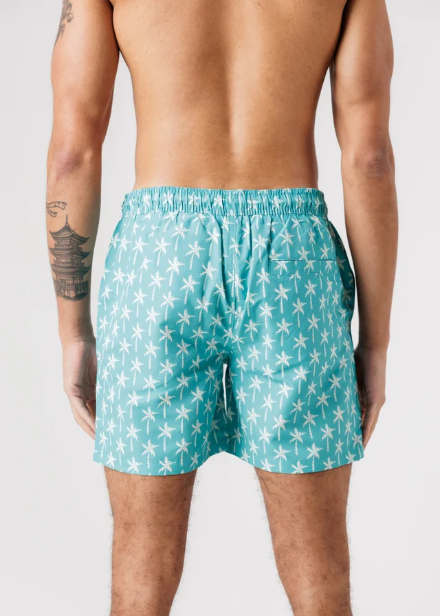 Tokyo Laundry Teal 2-Pack Palm Tree & Logo Print Swim Shorts With Drawstring Waist