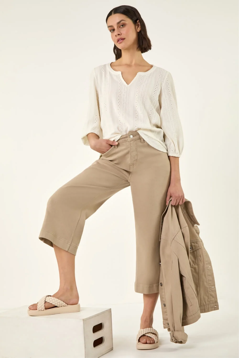 Roman Beige Wide Leg Stretch Denim Culottes - 12 Image 2