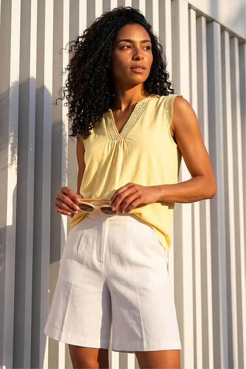 Roman Light Yellow Sleeveless V-Neck Lace Trim Cotton Top - 18 Image 1