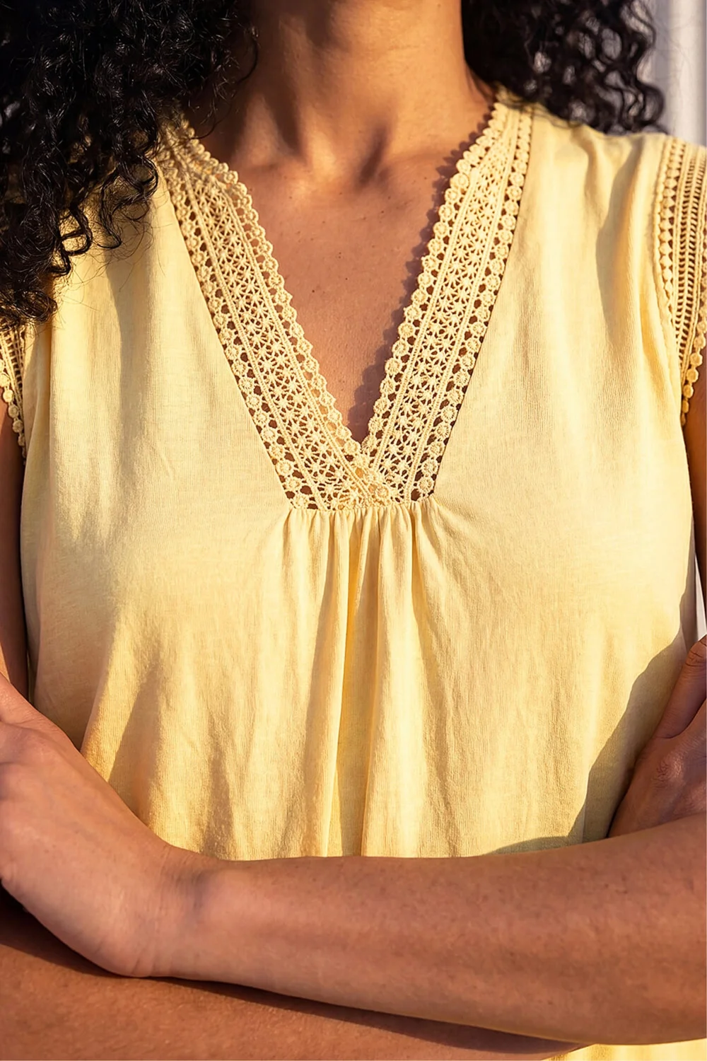 Roman Light Yellow Sleeveless V-Neck Lace Trim Cotton Top - 18 Image 4