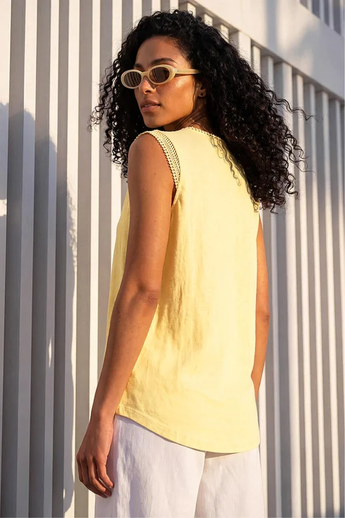 Roman Light Yellow Sleeveless V-Neck Lace Trim Cotton Top - 18 Image 3