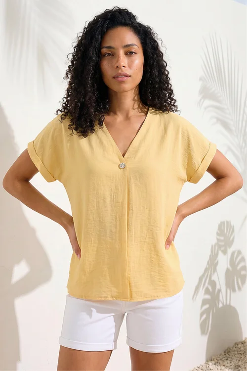 Roman Yellow Pleat Front V-Neck Top - 10 Image 1