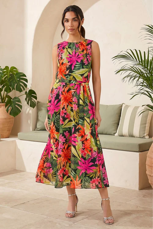 Roman Black Leaf Print Chiffon Pleat Neck Midi Dress - 12 Image 1