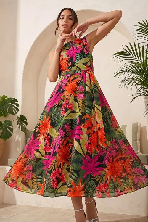 Roman Black Leaf Print Chiffon Pleat Neck Midi Dress - 12 Image 2
