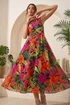 Roman Black Leaf Print Chiffon Pleat Neck Midi Dress - 12 Image 2
